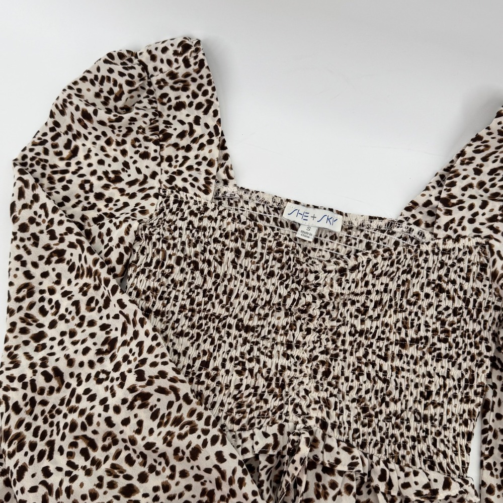 She + Sky Leopard Print Peplum Blouse Jrs Small Tan Smocked Square Neck Tie